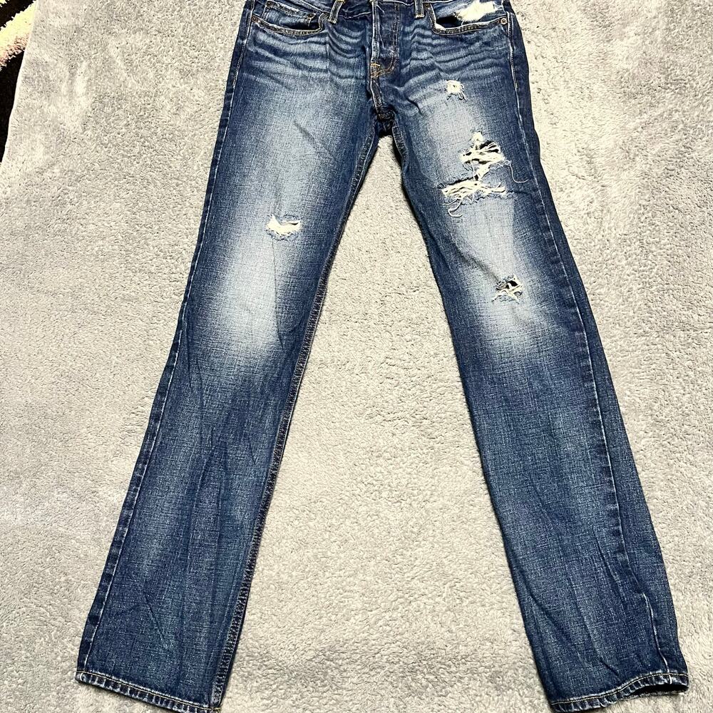 Hollister Jeans Mens 32 x36 Button Fly Slim Straight Blue Denim Pants
